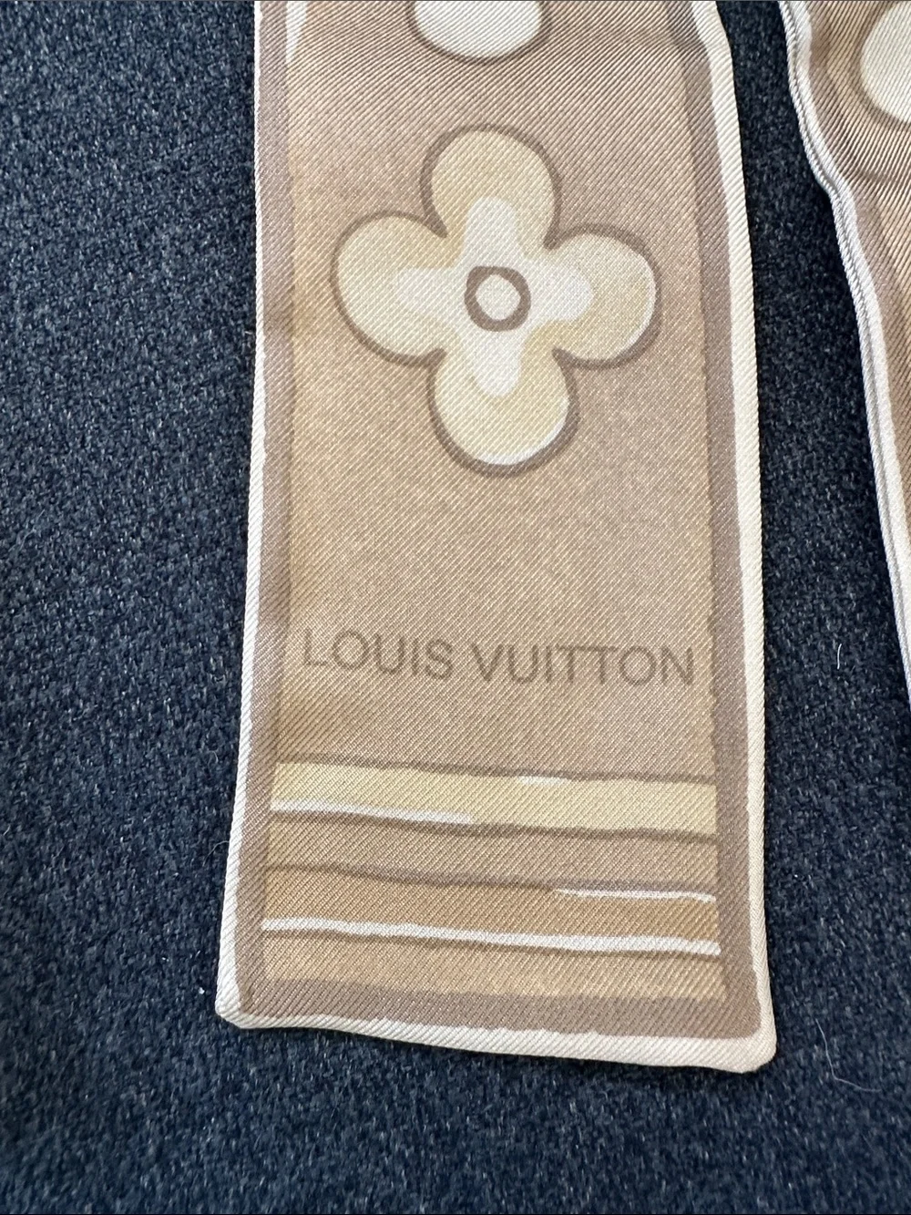 Louis Vuitton Beige & Cream Monogram Flower Silk Scarf Twilly AUTH w/ box & tag